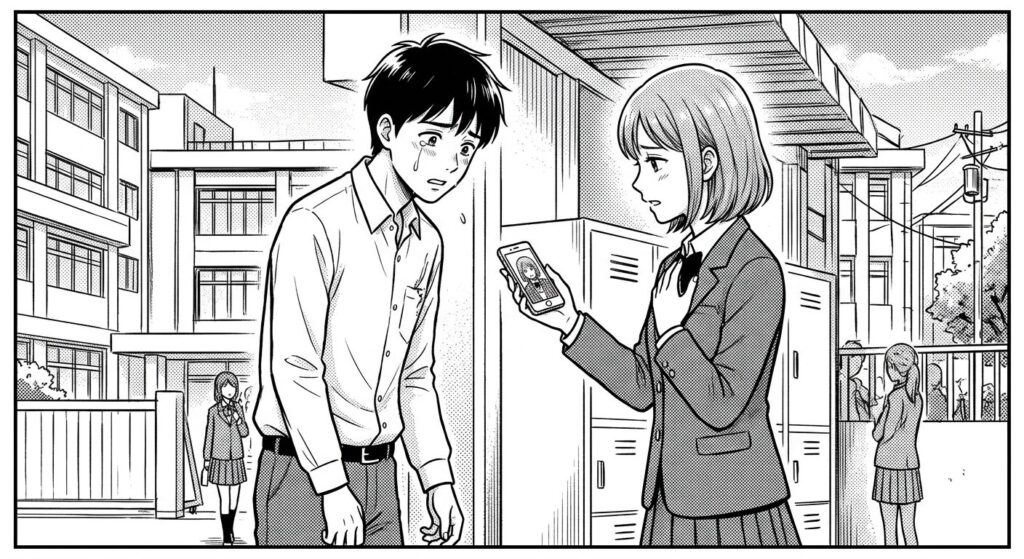 女性にスマホを見せられるて泣く男性