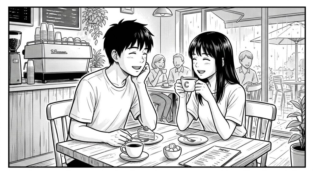 カフェでにこやかなカップル